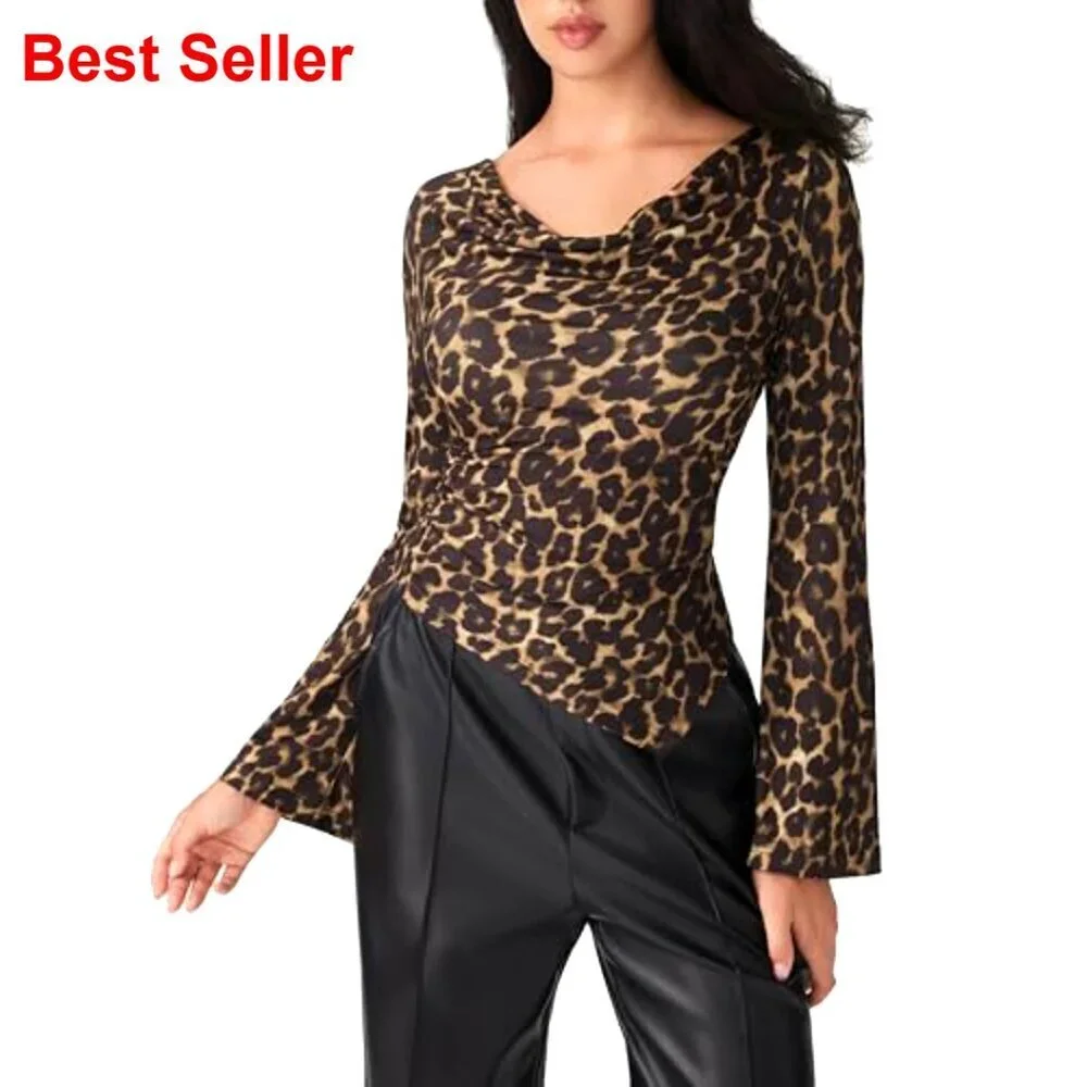 Leopard Print Long Sleeve Cowl Neck Asymmetrical Hem Slim Fit Top Women